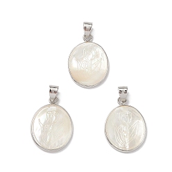 Platinum Natural White Shell Pendants, Oval Charms with Flower, with Brass Findings, Cadmium Free & Lead Free, Platinum, 25x17.5x2mm, Hole: 6x4mm