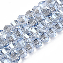 Bleu Acier Clair Plaquent verre transparent perles brins, ronde, bleu acier clair, 9.5x8.5mm, Trou: 1.5mm, Environ 70 pcs/chapelet, 24.80 pouce (63 cm)