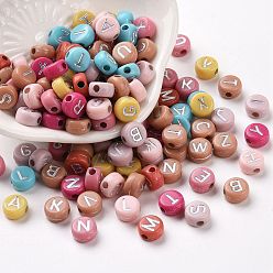 Silver Plated Opaque Mixed Color Acrylic Beads, Metal Enlaced, Flat Round with Random Letters, Silver Plated, 7x4mm, Hole: 1.8mm, about 3700pcs/500g