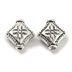 Antique Silver Tibetan Style Alloy Beads, Lead Free & Cadmium Free, Rhombus with Flower, Antique Silver, 10x9x4mm, Hole: 1mm, about 1136pcs/1000g