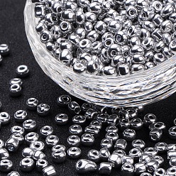 Plaqué Gris 8/0 galvanoplastie perles de rocaille de verre, trou rond rocailles, platinée, 3x2.3mm, Trou: 0.7mm, 14300 pcs / 440 g