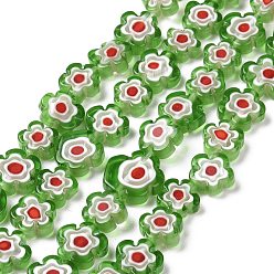 Verde Lima Hilos de perlas de vidrio millefiori artesanal, flor, verde lima, 10~12x2.6 mm, agujero: 1 mm, sobre 42 unidades / cadena, 15.75'' (40 cm)