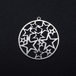 Stainless Steel Color 201 Stainless Steel Filigree Charms, Flat Round with Star, Stainless Steel Color, 32x30x1mm, Hole: 1.6mm