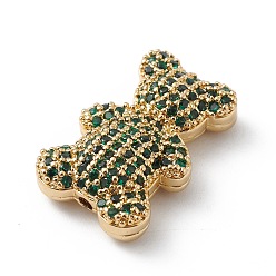Green Real 18K Gold Plated Rack Plating Brass Micro Pave Cubic Zirconia Beads, Long-Lasting Plated, Cadmium Free & Lead Free, Bear, Green, 20.5x13x6mm, Hole: 1.6mm