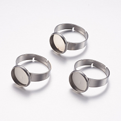 Stainless Steel Color Adjustable 304 Stainless Steel Finger Rings Components, Pad Ring Base Findings, Flat Round, Stainless Steel Color, Tray: 10mm, Size 7, 17mm
