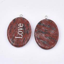 Jaspe Rouge Pendentifs naturels de jaspe rouge, avec les accessoires en fer, ovale avec le mot amour, platine, 43~44x29~30x5~6mm, Trou: 2mm