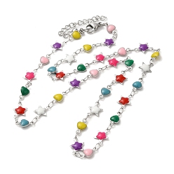 Colorful 304 Stainless Steel Star & Heart Link Chain Necklace, with Enamel, Colorful, 17.52 inch(44.5cm)