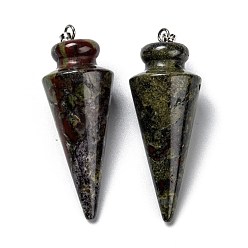 Sang De Dragon Pendentifs de jaspe de sang de dragon naturel, avec les accessoires en laiton de platine, cône, 40~44x15~16mm, Trou: 3x7mm