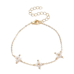 Golden Shell Pearl Beaded Cross Link Bracelet, Brass Jewelry for Women, Golden, 7 inch(17.9cm)
