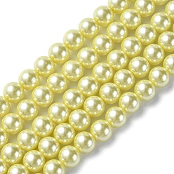 Champagne Amarillo Hebras redondas de perlas de vidrio teñido ecológico, Grado A, cordón de algodón rosca, amarillo champán, 8 mm, agujero: 0.7~1.1 mm, sobre 52 unidades / cadena, 15 pulgada