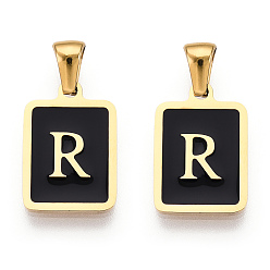 Letter R 304 подвески из нержавеющей стали, с эмалью, реальный 18 k позолоченный, прямоугольник с подвеской в виде буквы, Буква R, 17.5x12x1.5 мм, отверстие : 5x3 мм