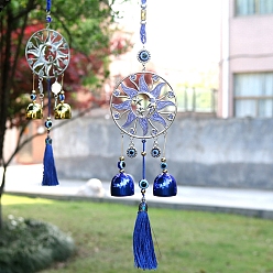 Blue Alloy Wind Chime, with Sun Evil Eye Wind Bells Hanging Decoration and Tassle, for Car Kitchen Home Garden Decor, Blue, 370mm