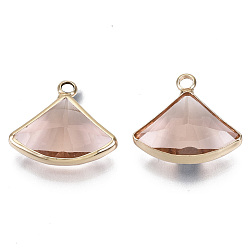 Rosy Brown Transparent Glass Pendants, with Light Gold Plated Brass Findings, Faceted, Fan, Rosy Brown, 16~17x19x6mm, Hole: 2mm