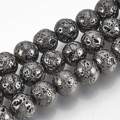 Gunmetal Plaqué Brins de perles de pierre de lave naturelle galvanisées, ronde, cahoteuse, plaqué gris anthracite, 10~11mm, Trou: 1mm, Environ 38 pcs/chapelet, 15.7 pouce