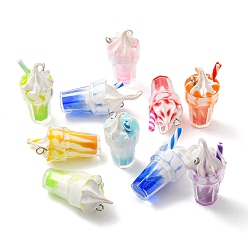 Mixed Color Translucent Resin Pendants, Drink Charms, Juice Ice Cream Cup with Metal Loops, Mixed Color, 26x13mm, Hole: 2mm, about 10pcs/bag