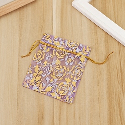 Orchidée Sacs-cadeaux rectangulaires en organza avec cordon de serrage, pochettes roses estampées en or pour le stockage des cadeaux de fête de mariage, orchidée, 16x11 cm