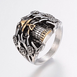 Plata Antigua & Oro Antiguo 304 anillos de dedo del acero inoxidable, cráneo con flor, plata antigua y oro antiguo, tamaño de 8, 18 mm