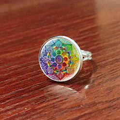 Colorful Glass Mandala Flower Finger Ring, Platinum Brass Flat Round Signet Ring for Women, Colorful, US Size 8(18.1mm)