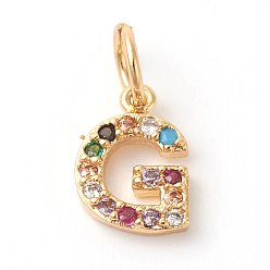 Letter G Brass Micro Pave Colorful Cubic Zirconia Charms, Golden, Letter.G, 9x6.5x2mm, Hole: 3mm