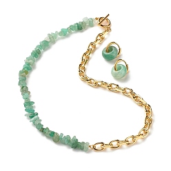 Green Aventurine Natural Green Aventurine Chip Beads Jewelry Set, Gemstone Beaded Necklace and Drop Huggie Hoop Earrings for Women, Light Gold, 16.73 inch(42.5cm), 20mm, Pin: 1mm