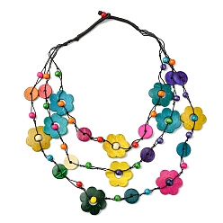 Coloré Fleur de noix de coco naturelle teintée 3 colliers de couches, bijoux bohèmes pour femmes, colorées, 25.20 pouce (64 cm)