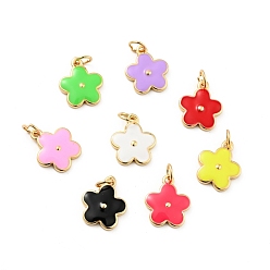 Mixed Color Rack Plating Brass Enamel Charms, with Jump Rings, Cadmium Free & Lead Free, Real 18K Gold Plated, Flower, Mixed Color, 14.5x12x1.3mm, Hole: 3.3mm