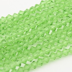 Césped Verde Bicone cuentas de vidrio facetados, verde césped, 4x4 mm, agujero: 1 mm, sobre 92~96 unidades / cadena, 13.78~14.37 pulgada
