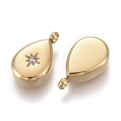 Golden 316 Surgical Stainless Steel Pendants, with Crystal Rhinestone, Teardrop with Star, Golden, 13.5x8.5x4mm, Hole: 1mm