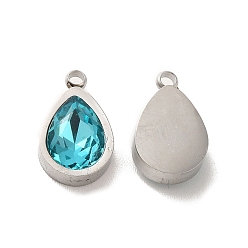 Stainless Steel Color 304 Stainless Steel Pendants, with Dark Turquoise Glass, Teardrop Charms, Stainless Steel Color, 12x7x4mm, Hole: 1.5mm