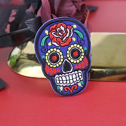 Midnight Blue Sugar Skull Computerized Embroidery Style Cloth Iron on/Sew on Patches, Appliques, Badges, for Clothes, Dress, Hat, Jeans, DIY Decorations, for Mexico Day of the Dead, Midnight Blue, 73x54mm