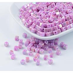 Orchid Eco-Friendly Poly Styrene Acrylic Beads, AB color, Cube, Orchid, 4x4mm, Hole: 1mm, about 8000pcs/500g