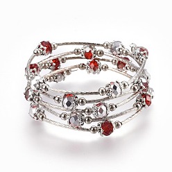 Rouge Cinq boucles de bracelets en verre à facettes, avec perles en laiton et perles de fer, rouge, 2-1/4 pouce (5.7 cm)