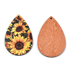 Fleur Gros pendentifs en bois imprimé tournesol simple face, charme de larme, or, motif de tournesol, 60x40x3mm, Trou: 2mm