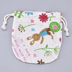 Rabbit Burlap Pouches Gift Storage Bags, Candy Treat Party Packing Bags, with Polyester Drawstring Cord, Rabbit Pattern, 11.5x11cm