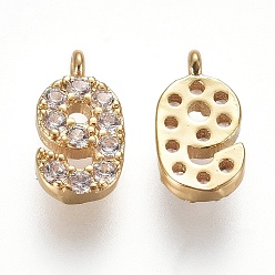 Number Brass Micro Pave Clear Cubic Zirconia Charms, Number, Golden, Num.9, 9.5~10x4~6.5x2mm, Hole: 0.8mm
