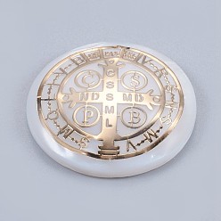 Золотой Кабошонов пресноводных оболочки, с латунной фурнитурой , плоский круглый с медалью святого бенедикта, золотые, 20x3.5~4 мм