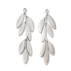 Stainless Steel Color 316L Surgical Stainless Steel Pendants, Leaf Charm, Textured, Stainless Steel Color, 29.5x8x0.8mm, Hole: 1mm