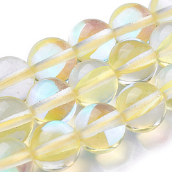 Jaune Clair Brins synthétiques de perles de lune, teint, perles holographiques, demi couleur ab plaqué, ronde, jaune clair, 8mm, Trou: 1mm, Environ 49 pcs/chapelet, 15 pouce