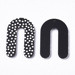 Black Cellulose Acetate(Resin) Pendants, 3D Printed, U Shape, Polka Dot Pattern, Black, 32.5x21.5x2.5mm, Hole: 1.5mm