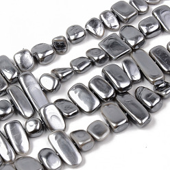 Gray Electroplate Natural Freshwater Shell Beads Strands, Nuggets, Gray, 7~9x7~27x4~7mm, Hole: 1mm, about 48~50pcs/strand, 15.75 inch(40cm)
