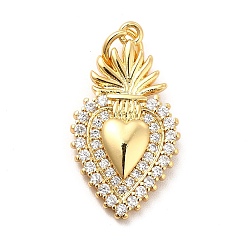Real 18K Gold Plated Rack Plating Brass Micro Pave Cubic Zirconia Pendants, Sacred Heart Charm, Mexican Milagro Flaming Holy Heart Charm, Long-Lasting Plated, with Jump Rings, Cadmium Free & Lead Free, Real 18K Gold Plated, 22.5x12.5x2.5mm, Hole: 3mm