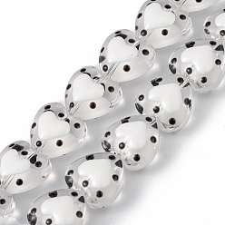 Blanc Brins de perles à chalumeau manuels, avec l'émail, cœur, blanc, 12x12.5x7mm, Trou: 1mm, Environ 30 pcs/chapelet, 13.39 pouce (34 cm)
