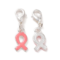 Pink October Breast Cancer Pink Awareness Ribbon Alloy Enamel Pendants, with and  Lobster Claw Clasps, Silver Color Plated, Size: about 28mm long, hole: 3mm, tie: 7.5mm wide, 15mm long, 2mm thick.