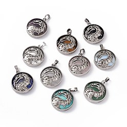 Mixed Stone Natural & Synthetic Mixed Gemstone Pendants, Flat Round Charms with Rack Plating Antique Silver Tone Brass Dragon, Cadmium Free & Lead Free, Mixed Dyed and Undyed, 32x28x7.5mm, Hole: 8.5x5mm
