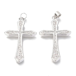 Real Platinum Plated Brass Micro Pave Clear Cubic Zirconia Pendants, Cross, Real Platinum Plated, 36x22x3mm, Hole: 3mm