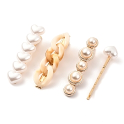 PeachPuff Imitation Pearl Iron Alligator Hair Clips Sets, with Acrylic and Resin, Mixed Shapes, PeachPuff, 59~63.5x14~16.5x11~17mm, 4pcs/set