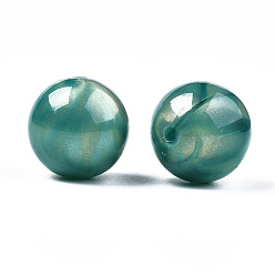 Vert De Mer Clair Perles acryliques opaques, Couleur de deux tons, avec de la poudre de paillettes, ronde, vert de mer clair, 19.5x19mm, Trou: 2.5mm, environ110 pcs / 500 g