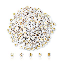 Plaqué Or 300pcs 2 styles perles acryliques blanches opaques, métal enlacée, rond et plat avec des lettres, plaqué or, 7x3.5~4mm, Trou: 1.5~1.8mm