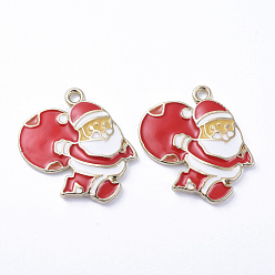 White Golden Plated Alloy Enamel Pendants, for Christmas, Running Santa Claus with Bag , White, 23x23x2mm, Hole: 2mm