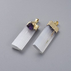 Golden Natural Calcite Big Pendants, with Natural Amethyst and Brass Findings, Rectangle, Golden, 55~63x16~23x12.5~15mm, Hole: 8x3~5mm
